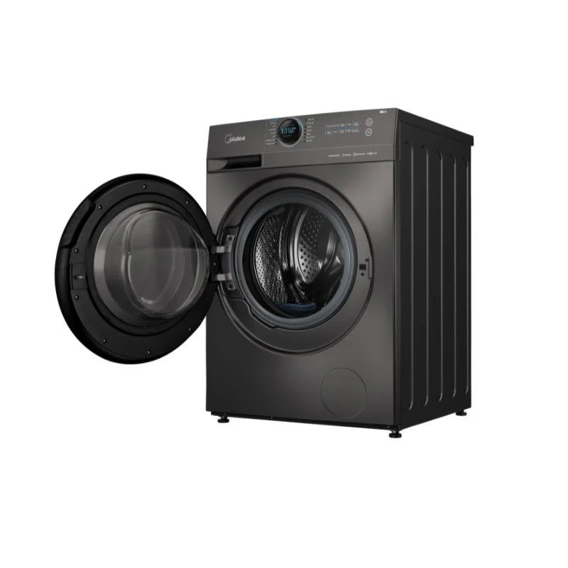 Black washing machine with open door on a white background